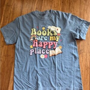 Comfort Colors Tee in Blue with 'Books are my Happy Place' Design with Glass cup